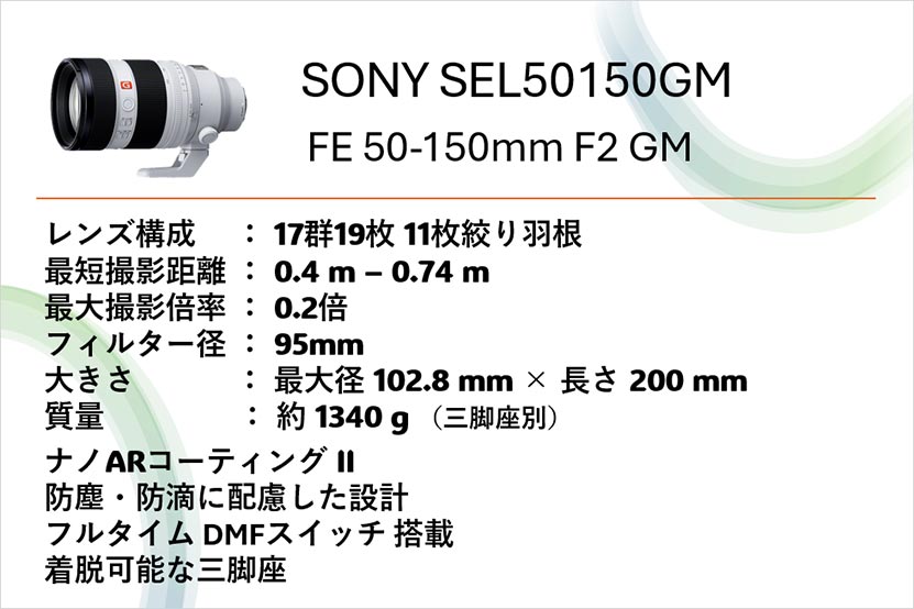FE 50-150mm F2 GM （SEL50150GM）スペックまとめ